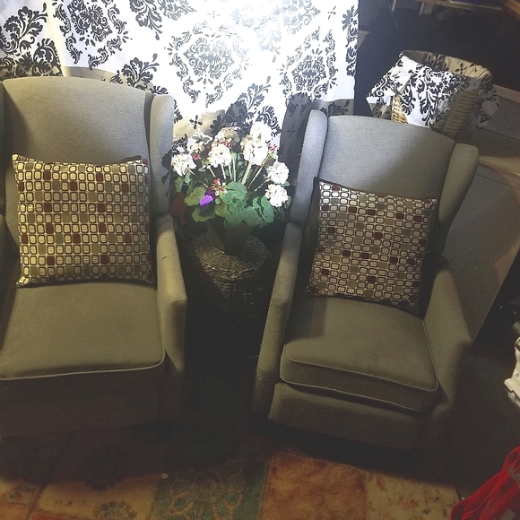 Other - Wingback relining chairs with thumbnail accents in charcoal grey tweed